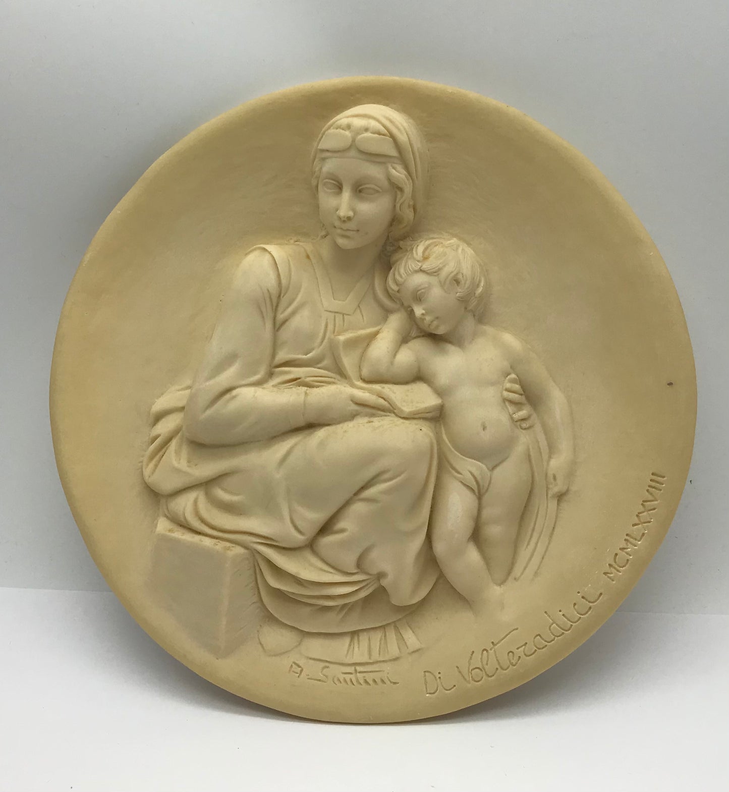 Madonna Pensosa, Ital. Wand Teller, Reliefteller, Elfenbeinfarben, A. Santangela