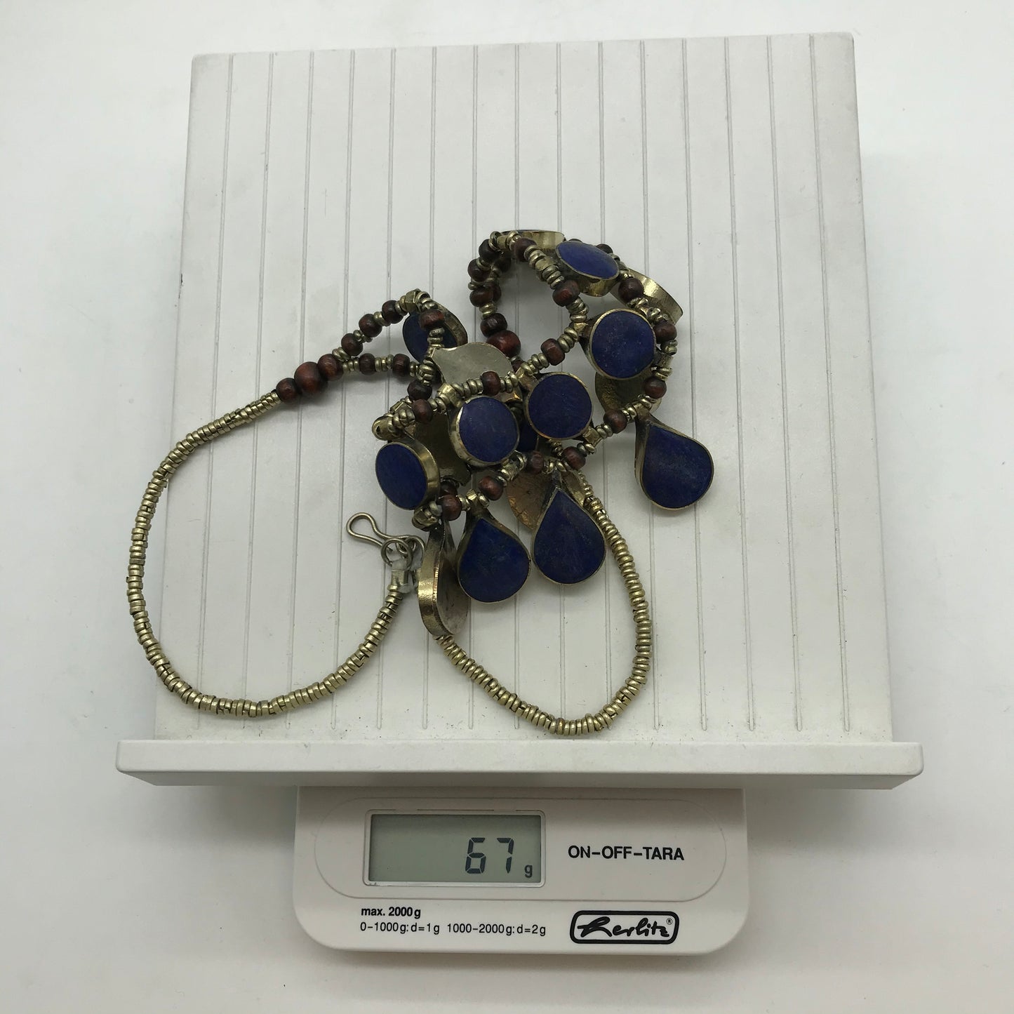 Statement Kette, Modeschmuck, königsblau, silber und rotfarbend, Tropfenform