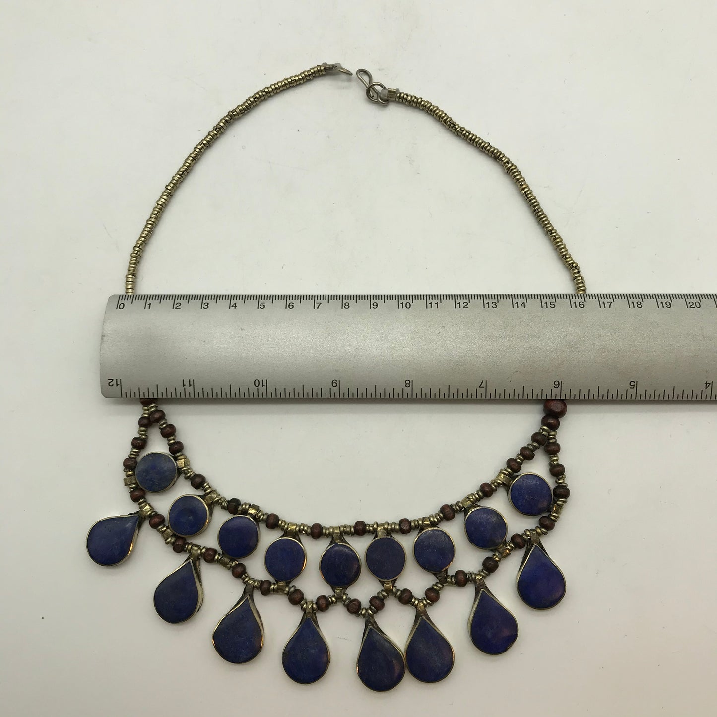 Statement Kette, Modeschmuck, königsblau, silber und rotfarbend, Tropfenform