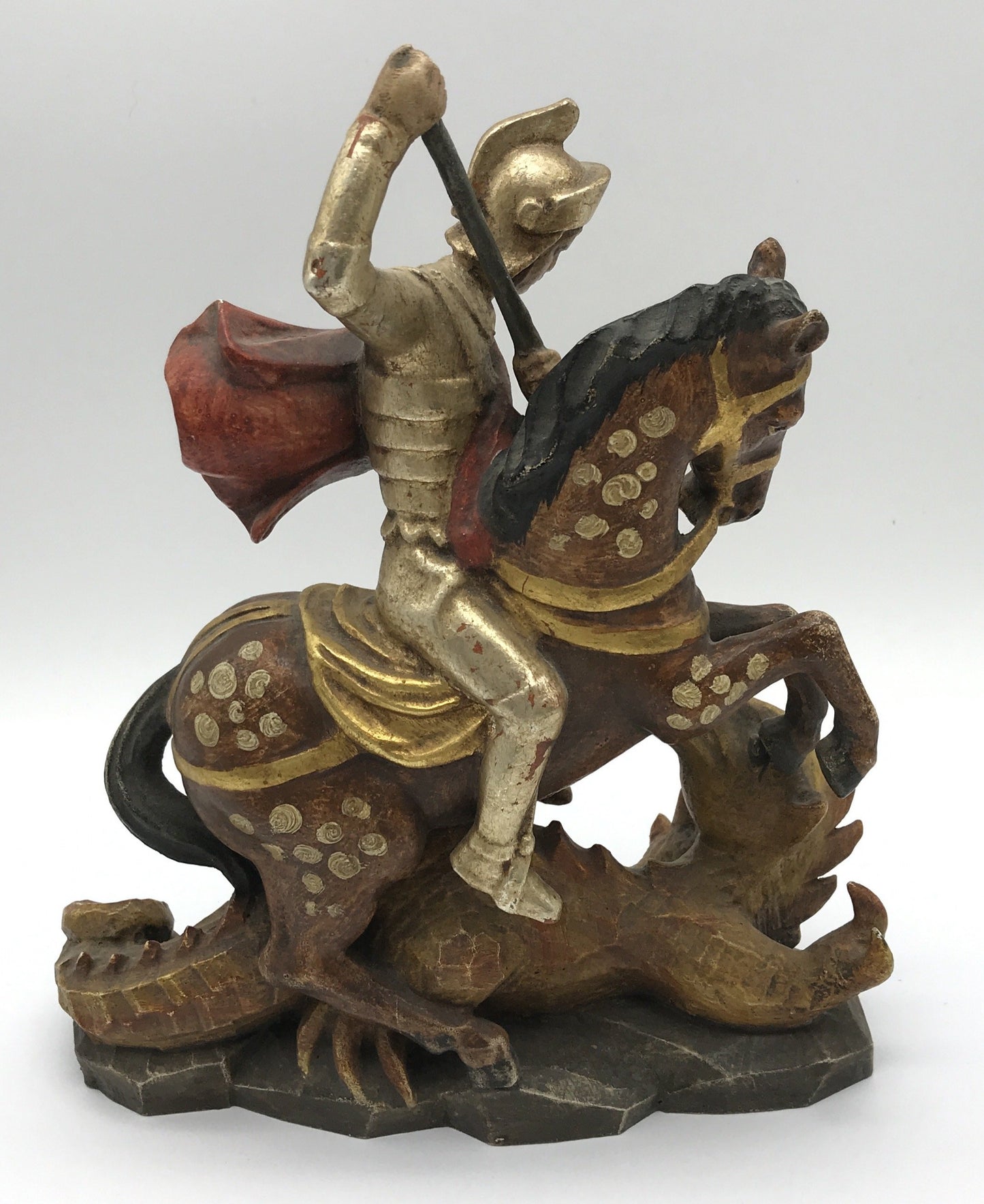 Figur Ritter auf Pferd bekämpft Drache, Holz geschnitzt, Deko