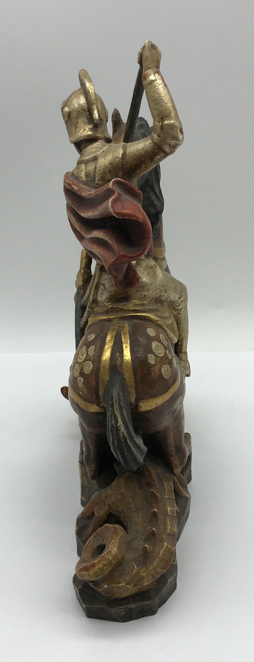Figur Ritter auf Pferd bekämpft Drache, Holz geschnitzt, Deko