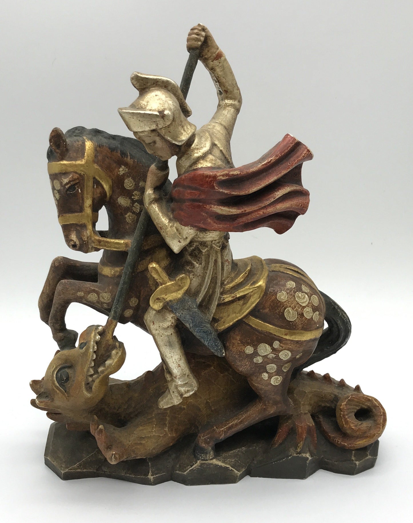 Figur Ritter auf Pferd bekämpft Drache, Holz geschnitzt, Deko