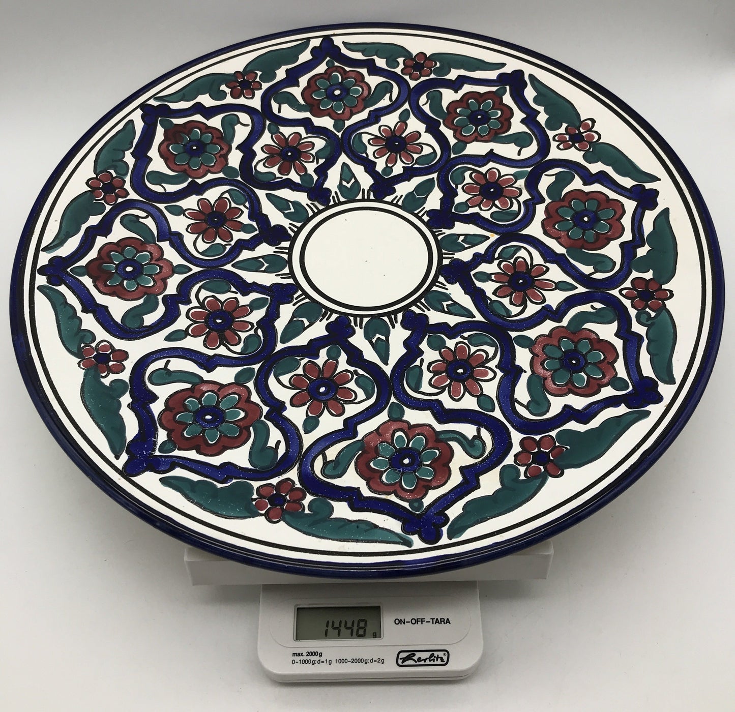 Wandteller Keramik, Blumenmuster, grün, blau, rot, 37 cm Durchmesser