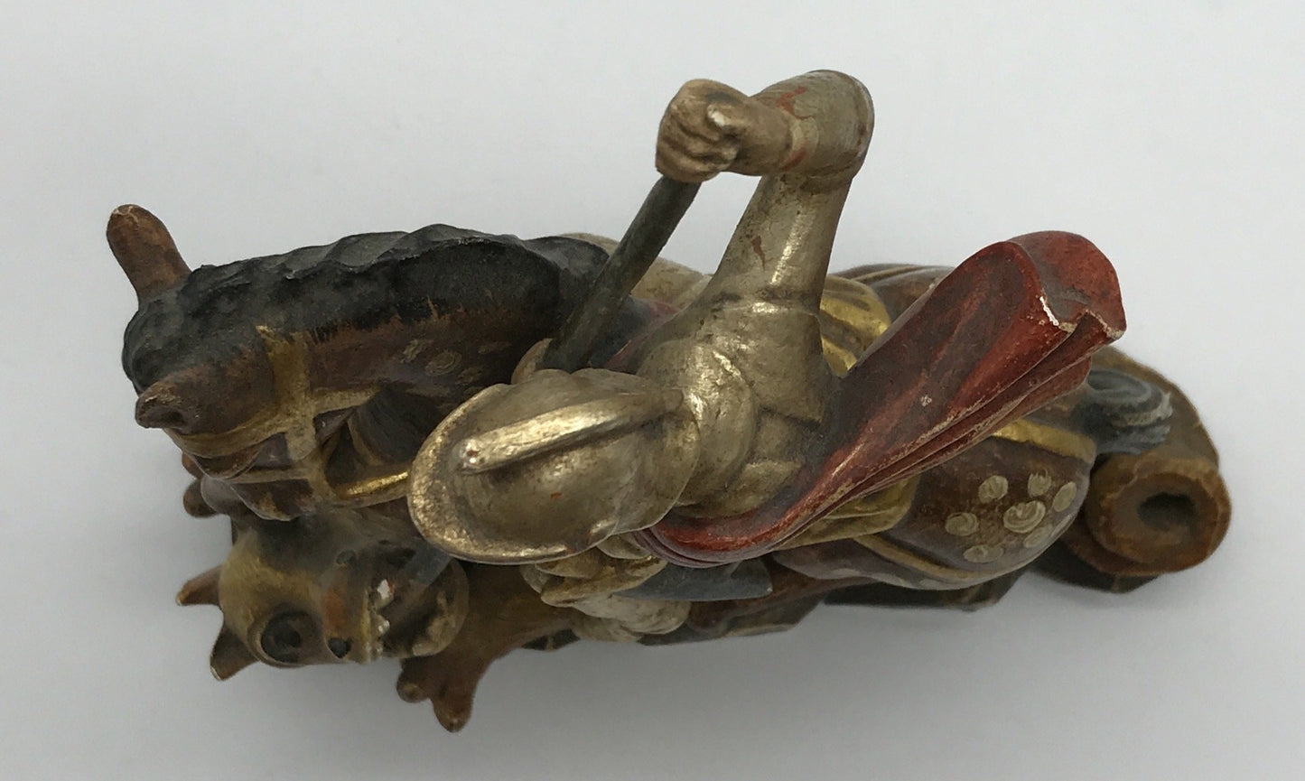 Figur Ritter auf Pferd bekämpft Drache, Holz geschnitzt, Deko