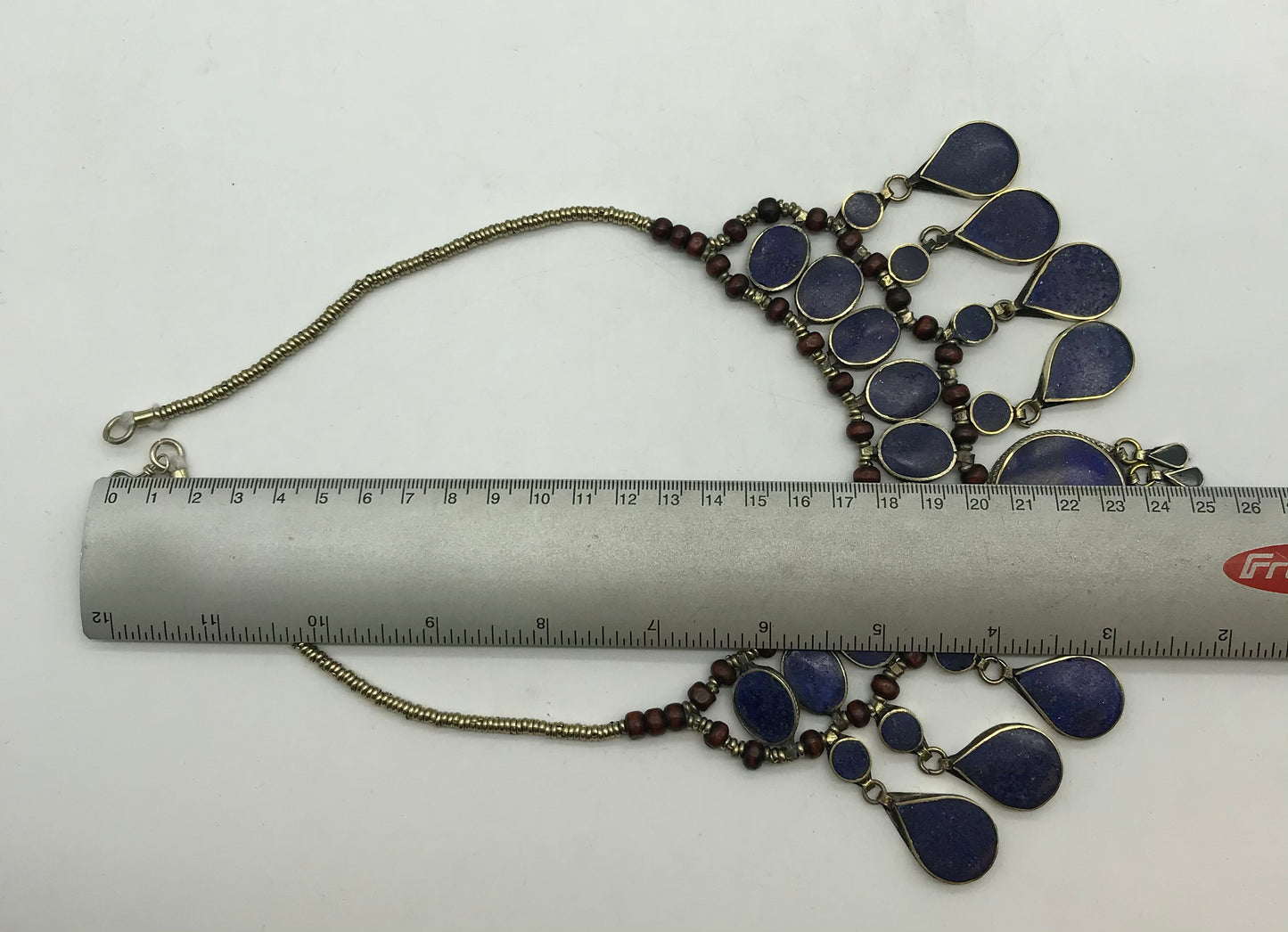 Statement Kette, Modeschmuck, königsblau, silber und rotfarbend, Tropfenform