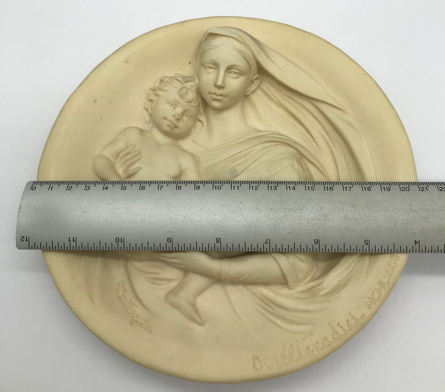 Madonna Profetica, Ital. Wand Teller, Reliefteller, Elfenbeinfarben, A. Santangela
