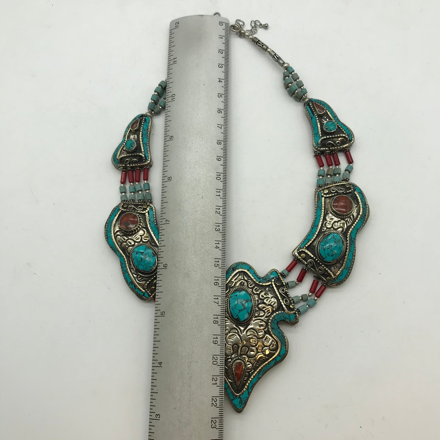 Statement Kette, Modeschmuck, türkis, silber und rotfarbend