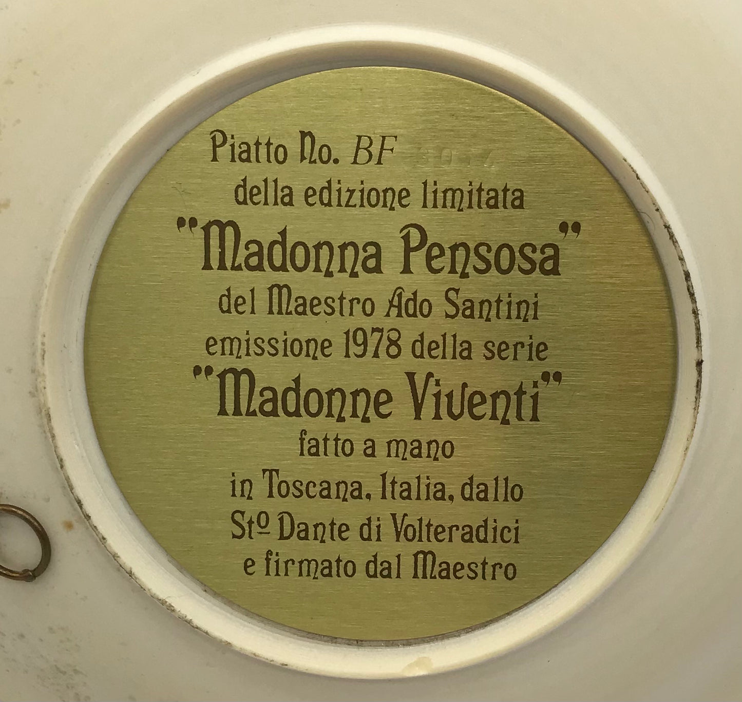Madonna Pensosa, Ital. Wand Teller, Reliefteller, Elfenbeinfarben, A. Santangela