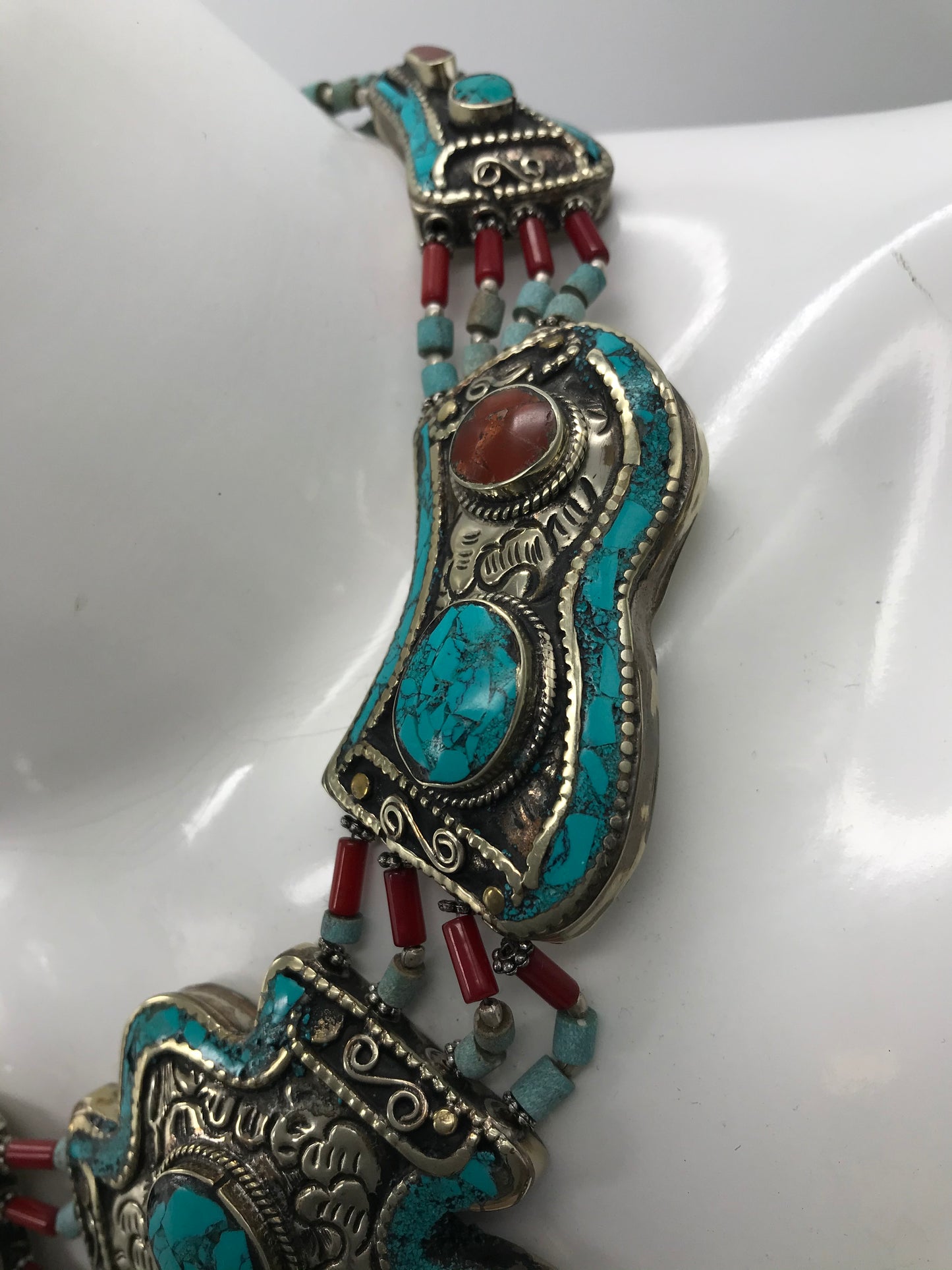 Statement Kette, Modeschmuck, türkis, silber und rotfarbend