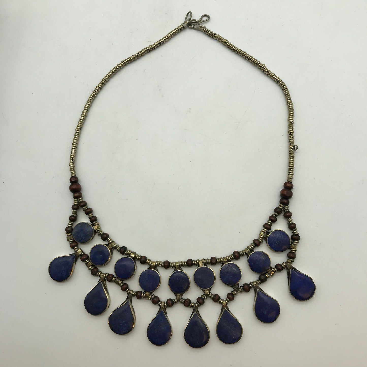 Statement Kette, Modeschmuck, königsblau, silber und rotfarbend, Tropfenform