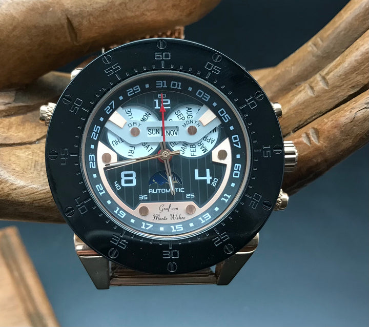 Schwarz Roségoldene Garf von Monte Wehro Uhr