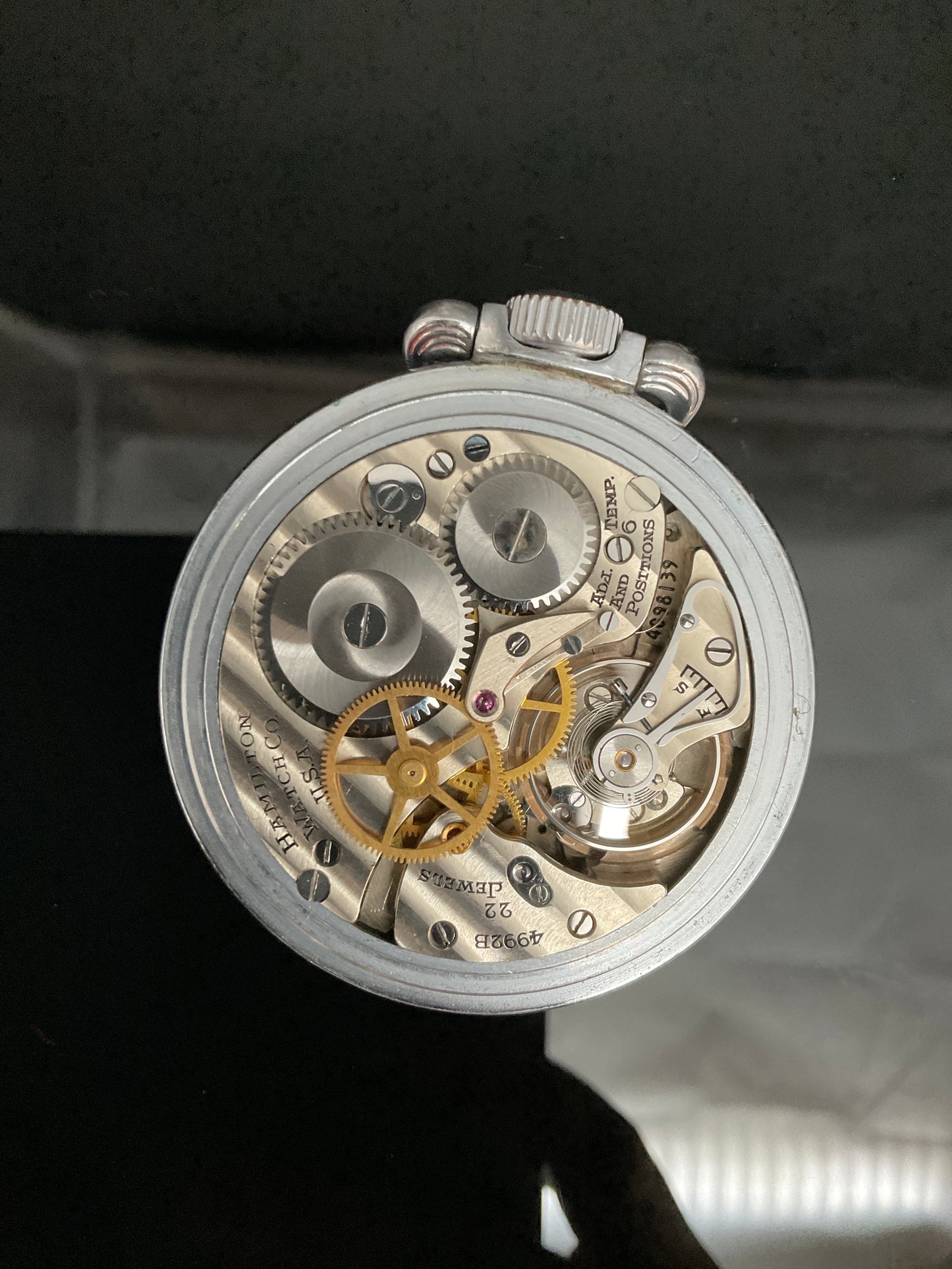 Hamilton Eisenbahn-Taschenuhr aus US-Militärstahl aus der Kriegszeit G.C.T. Taschenuhr