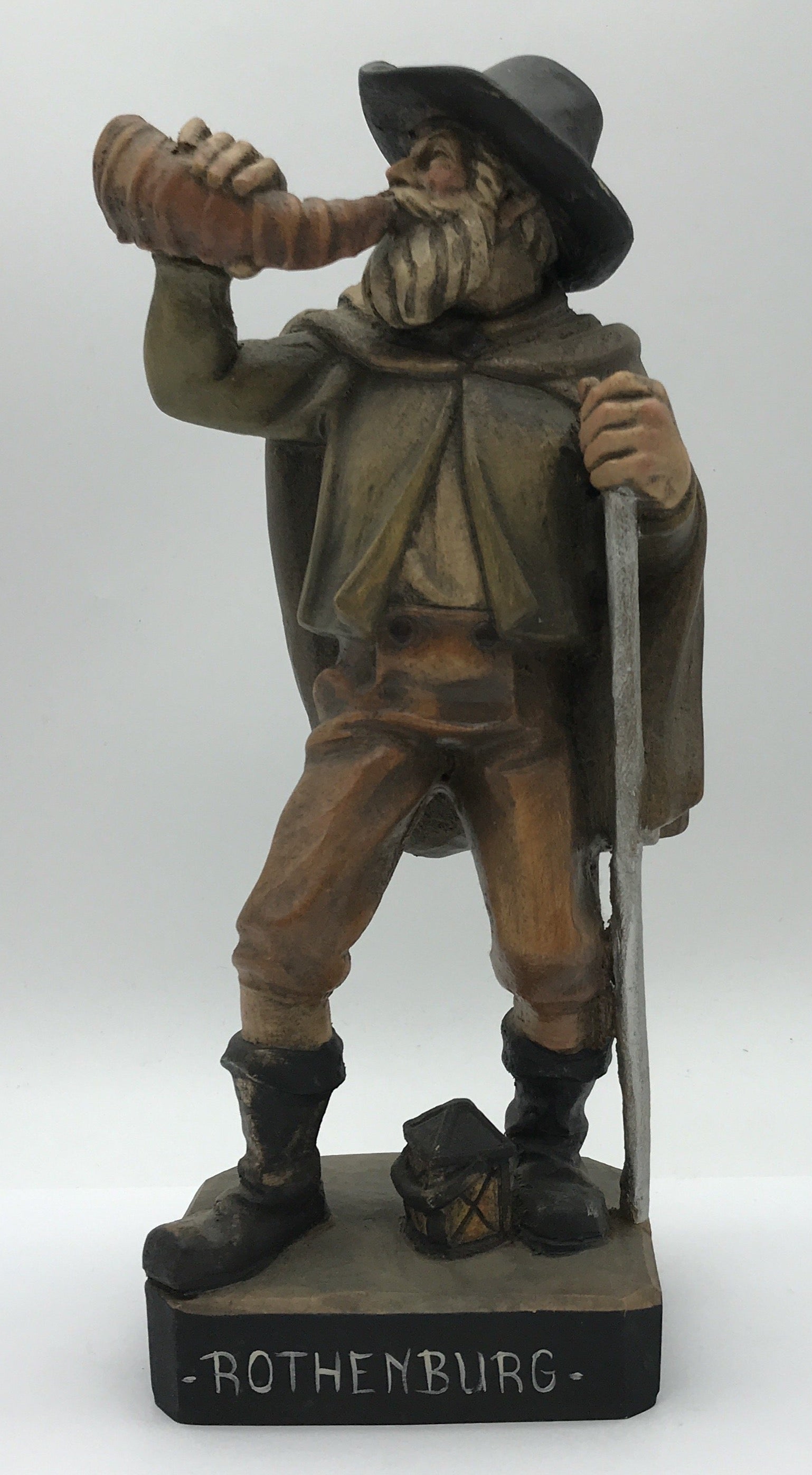 Handgeschnitzte Holzfigur Bergwanderer mit Horn, bemalt, Rothenburg, 25 cm