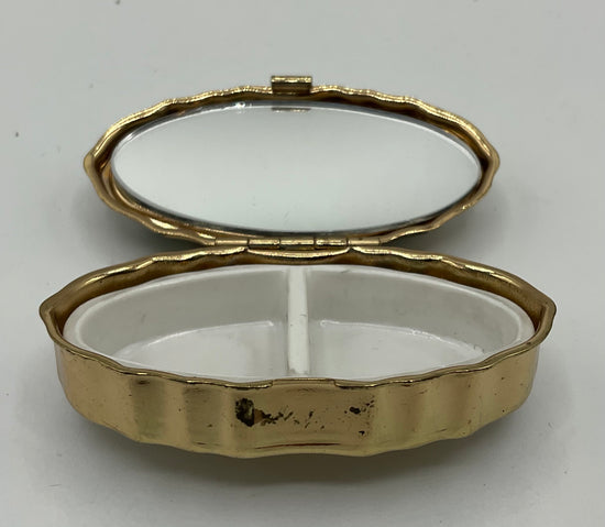 Pillendose, Goldfarbend mit zwei Fächern, und Spiegel, Pillen  Box