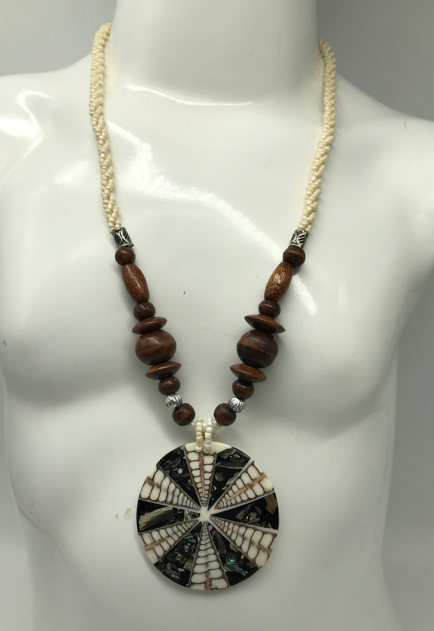 3 x Kette aus Holz,schwarz und weiß, Afrikanischer Look, runde Anhänger, Muschelmotiv