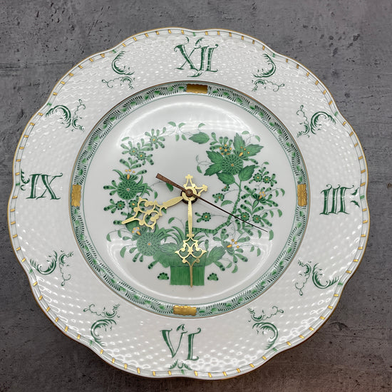 Porzellan Uhr, Herend Indisch Grün, Wanduhr Indian Basket Fleur des Indes