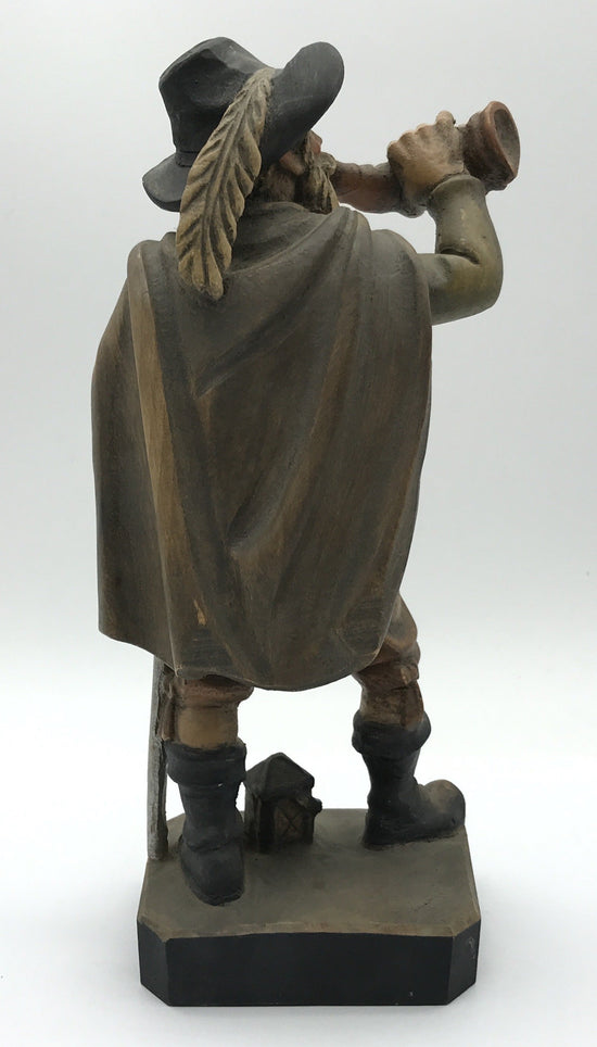Handgeschnitzte Holzfigur Bergwanderer mit Horn, bemalt, Rothenburg, 25 cm