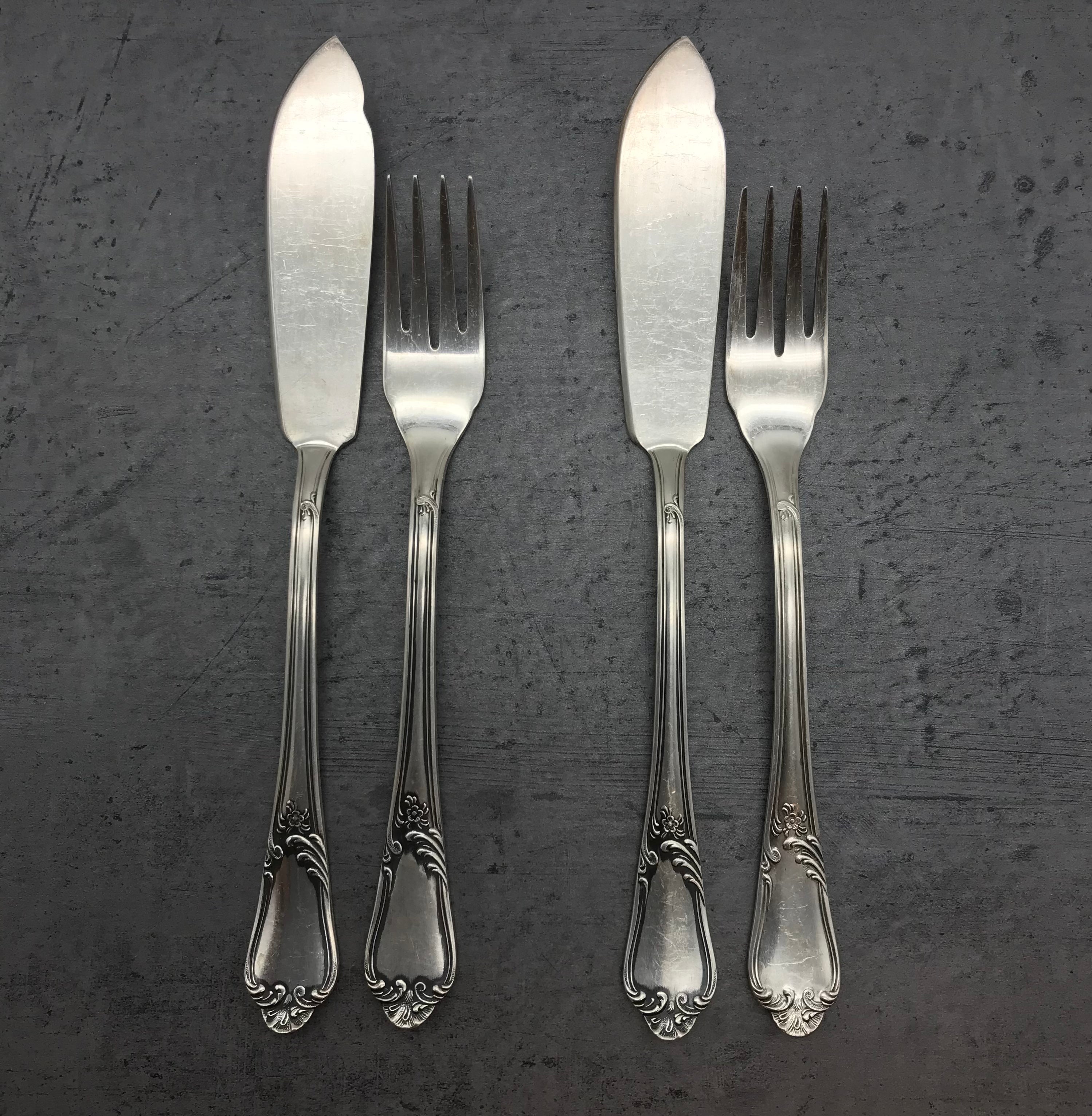 Fischbesteck, 4 Tlg., MFN 100er Silber, 2 Gabeln und 2 Messer