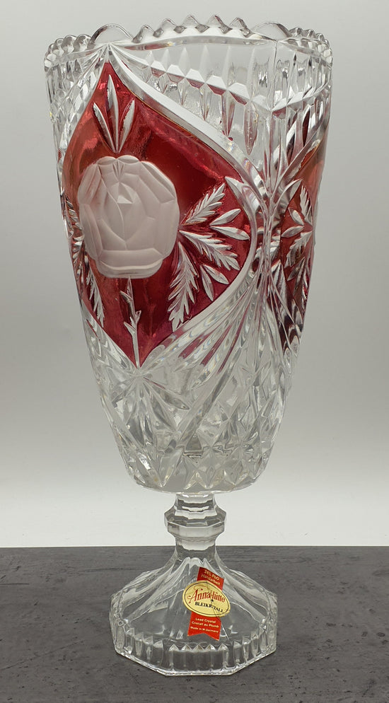 Blumen Vase aus Glas mit Podest "Anna Hütte"Bleikristall, rotes Blumenmotiv