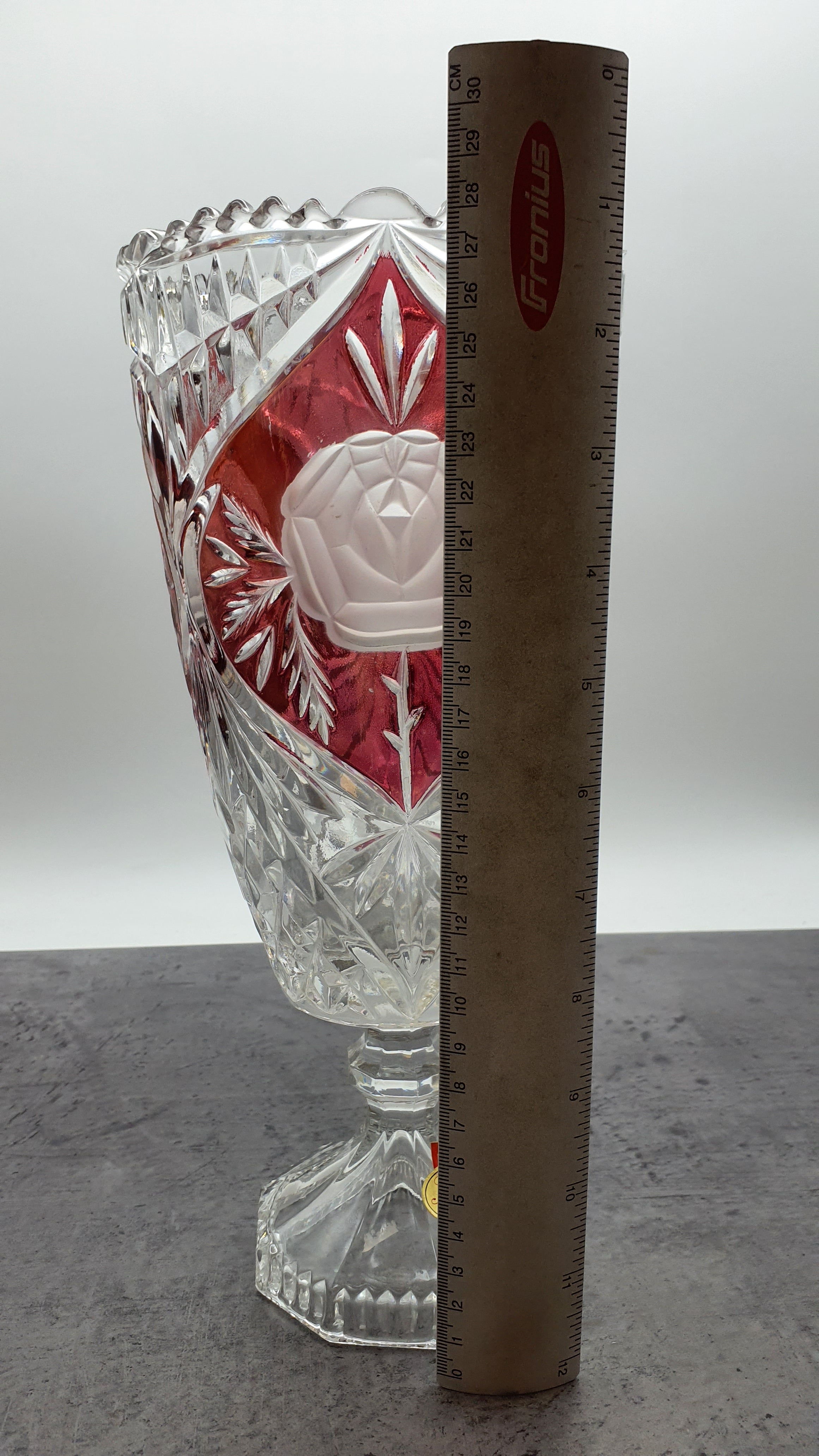 Blumen Vase aus Glas mit Podest "Anna Hütte"Bleikristall, rotes Blumenmotiv