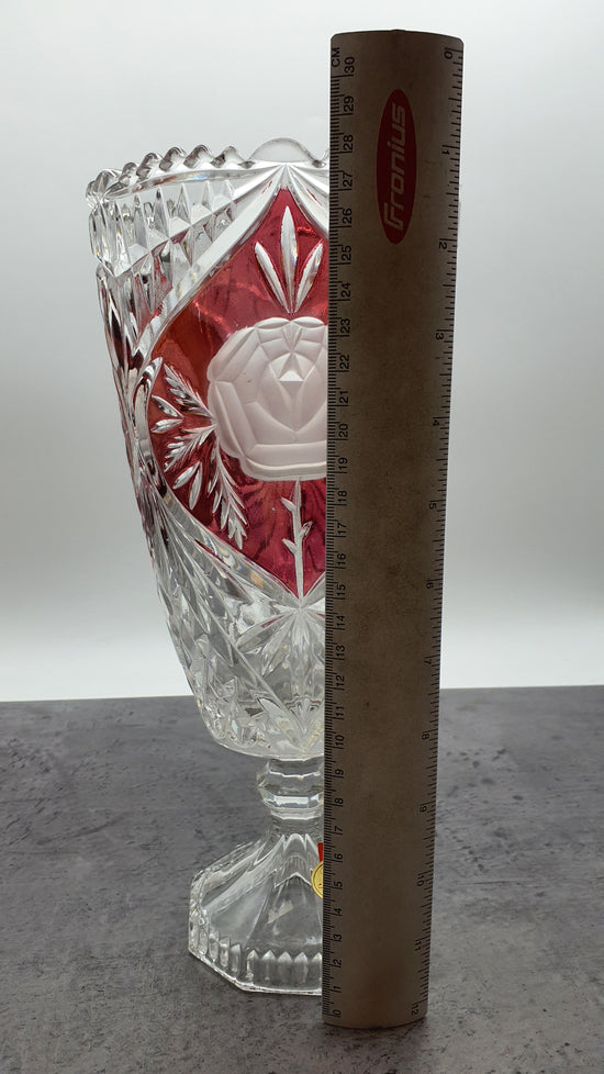 Blumen Vase aus Glas mit Podest "Anna Hütte"Bleikristall, rotes Blumenmotiv