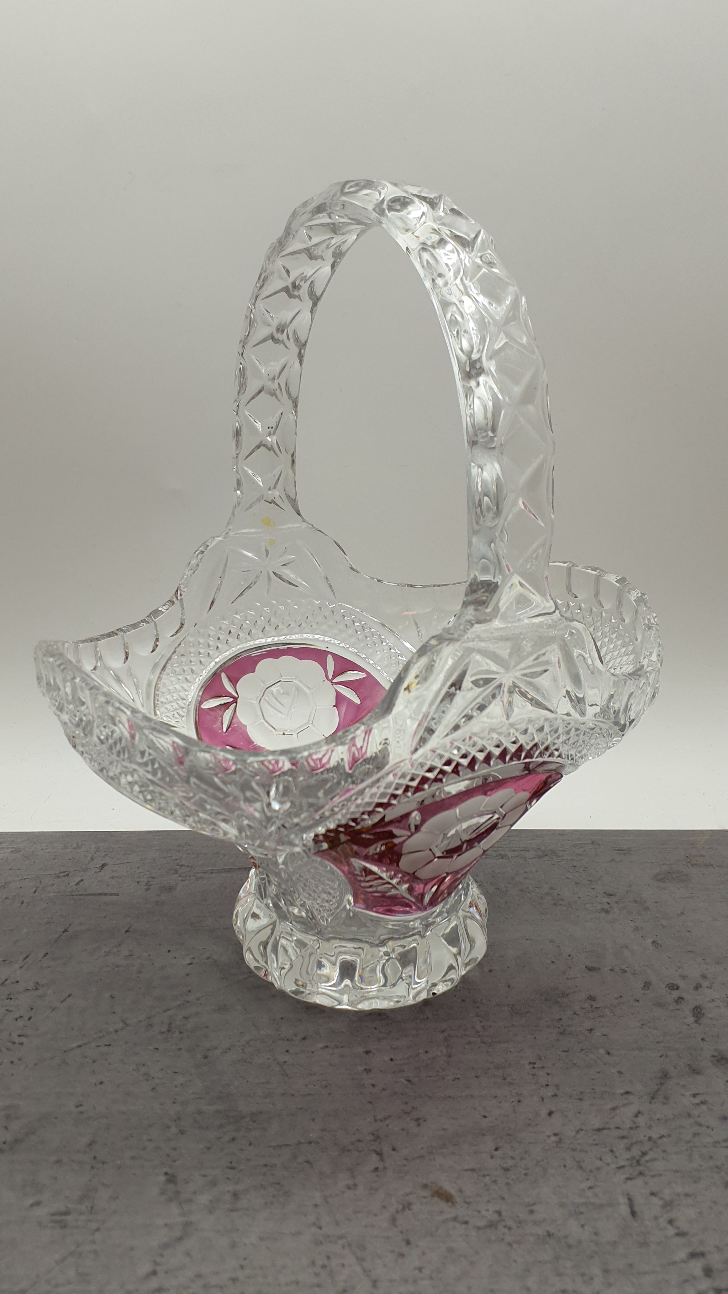 Gebäckschale-Konfektschale mit Griff/Henkel aus Glas"Anna Hütte"Bleikristall-Blumenmotiv, rot