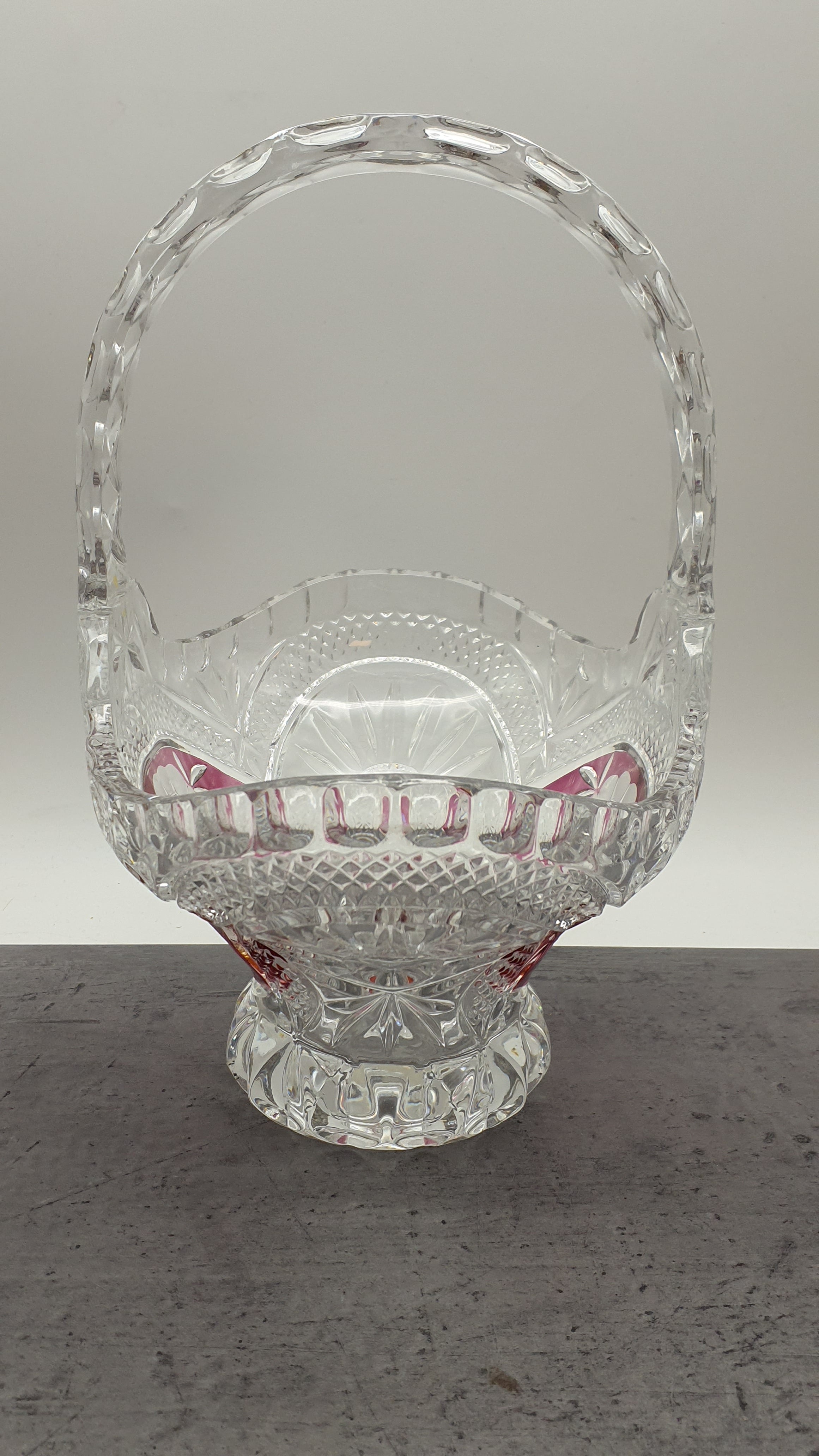 Gebäckschale-Konfektschale mit Griff/Henkel aus Glas"Anna Hütte"Bleikristall-Blumenmotiv, rot