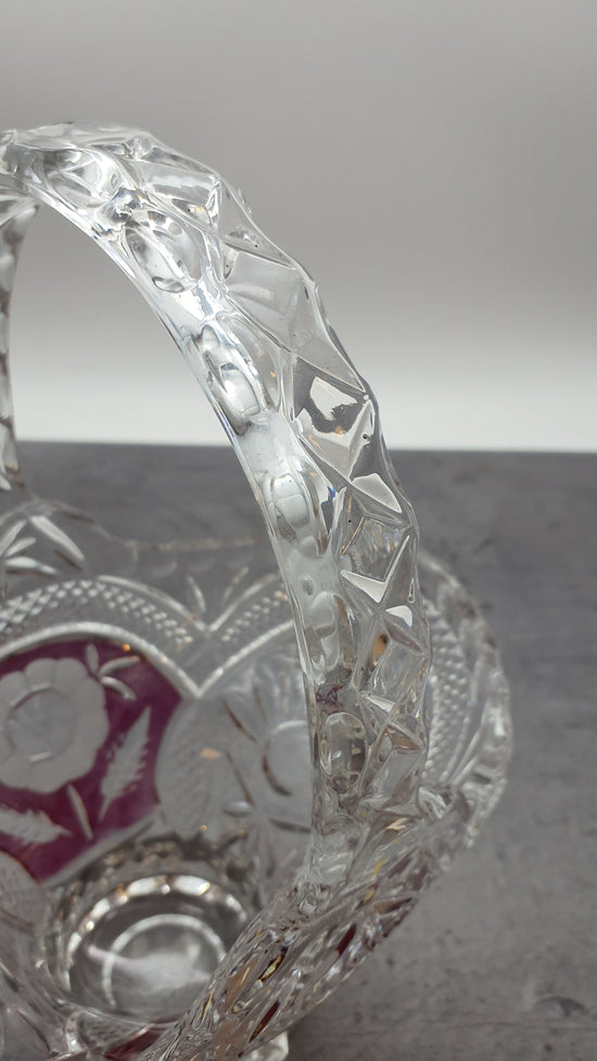 Gebäckschale-Konfektschale mit Griff/Henkel aus Glas"Anna Hütte"Bleikristall-Blumenmotiv, rot