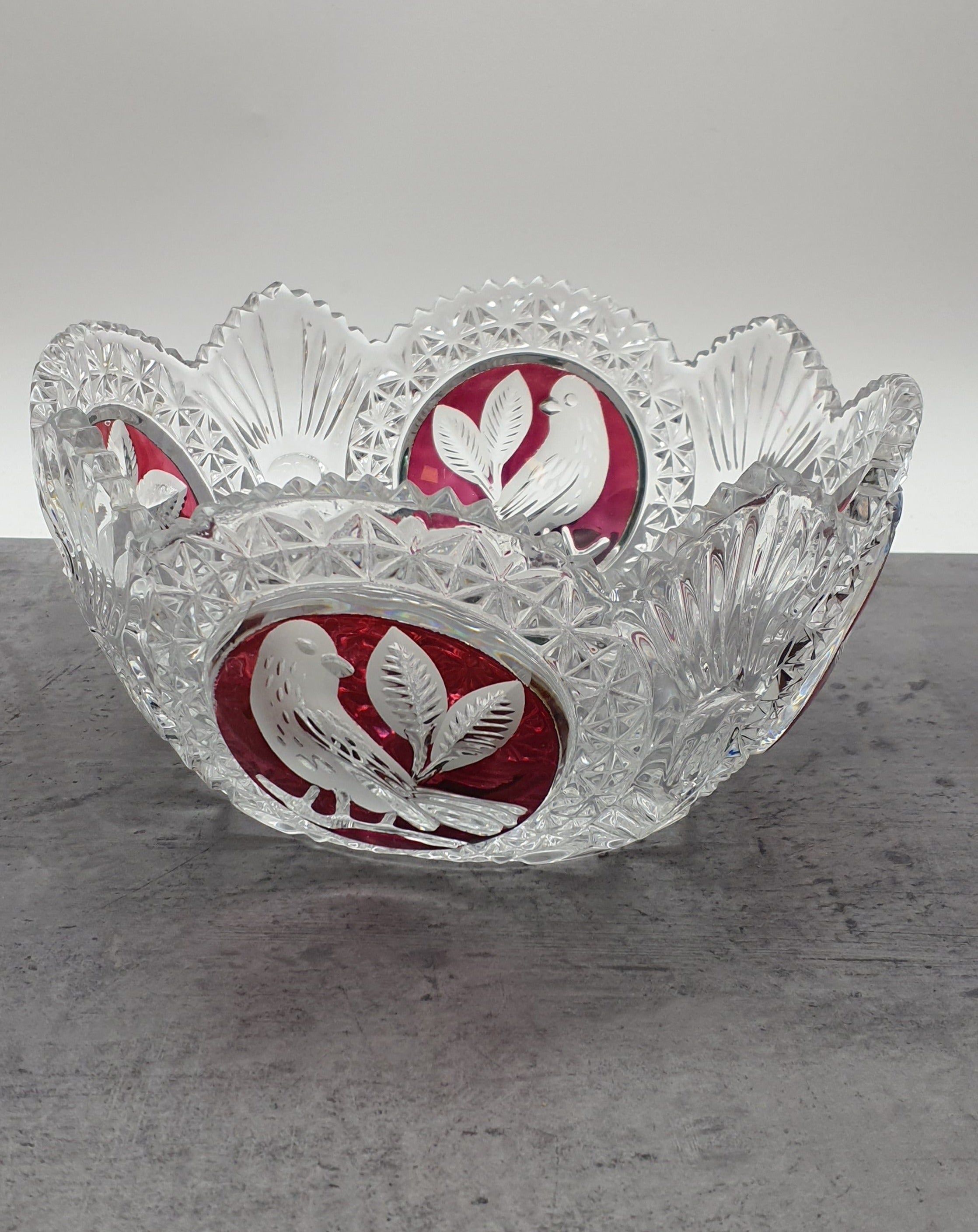 Glas Schale, Obstschale, Gebäckschale-Konfektschale, Bleikristall-Roter Vogel