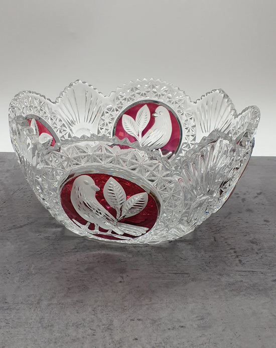 Glas Schale, Obstschale, Gebäckschale-Konfektschale, Bleikristall-Roter Vogel