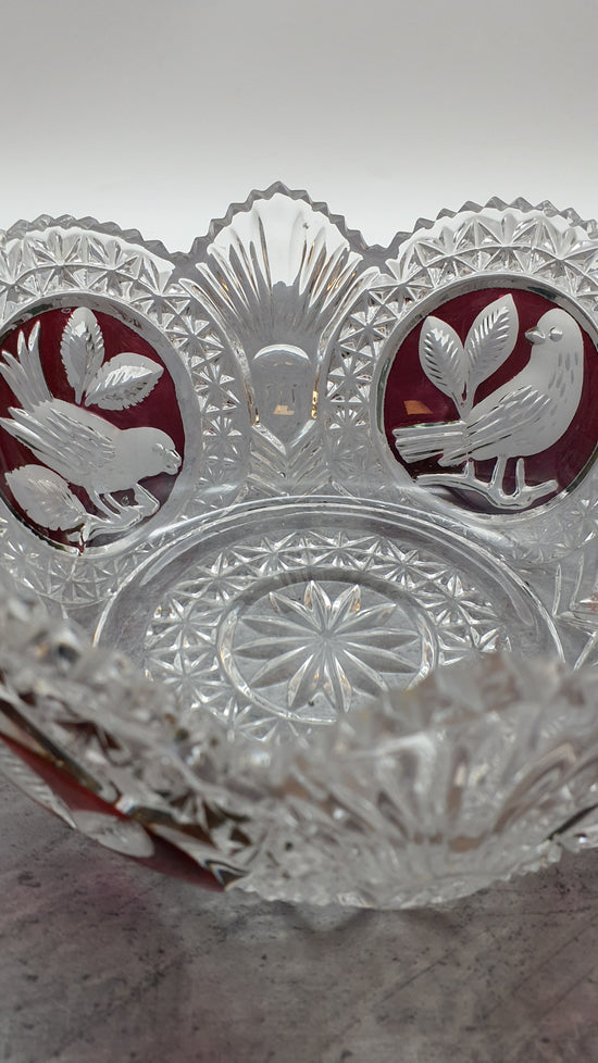 Glas Schale, Obstschale, Gebäckschale-Konfektschale, Bleikristall-Roter Vogel