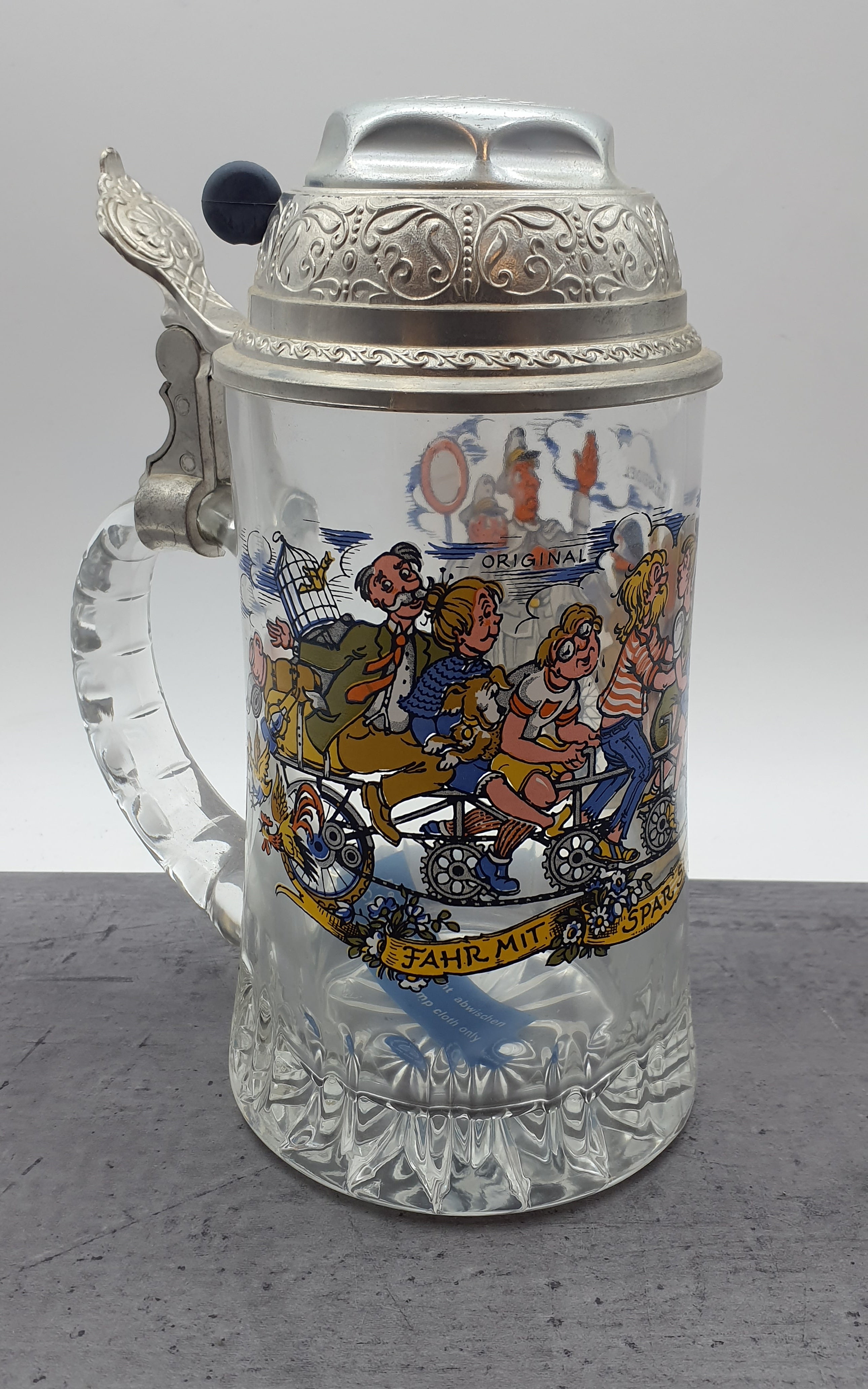 Bierkrug mit Deckel Glaskrug Sammelkrug "Original Radlerseidel" BMF Zinn
