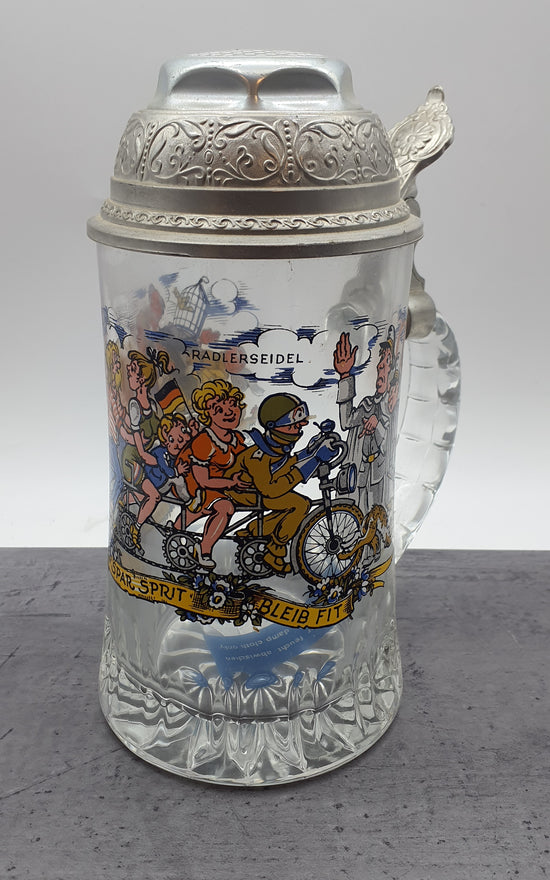 Bierkrug mit Deckel Glaskrug Sammelkrug "Original Radlerseidel" BMF Zinn