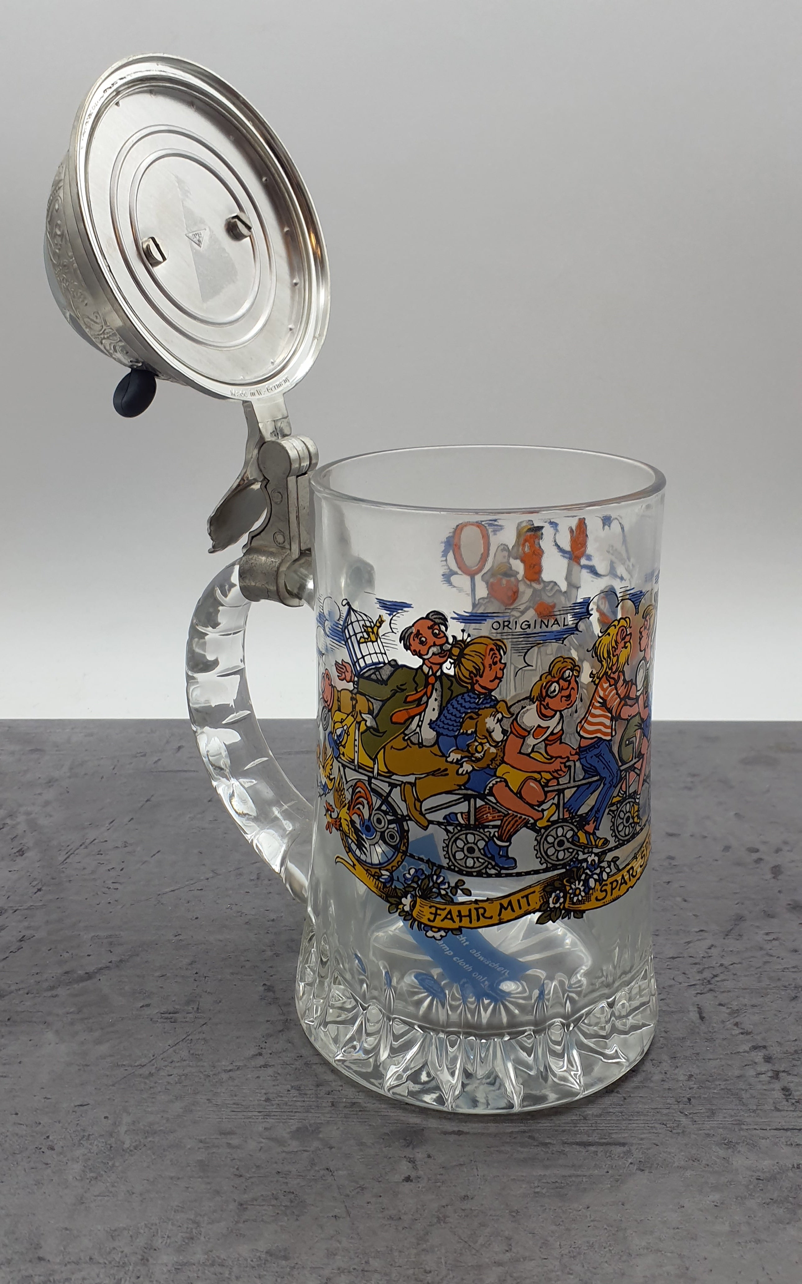 Bierkrug mit Deckel Glaskrug Sammelkrug "Original Radlerseidel" BMF Zinn