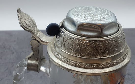 Bierkrug mit Deckel Glaskrug Sammelkrug "Original Radlerseidel" BMF Zinn