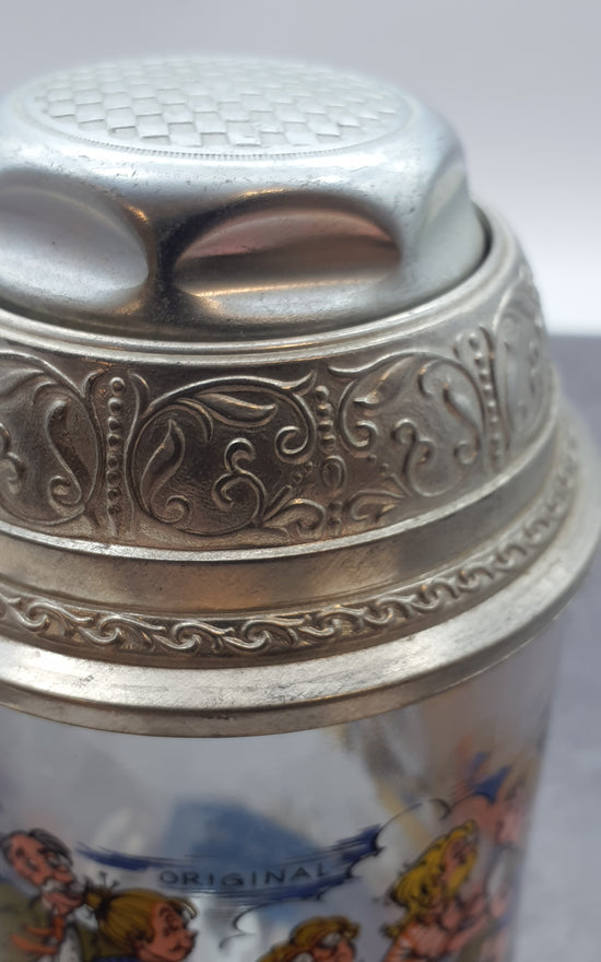 Bierkrug mit Deckel Glaskrug Sammelkrug "Original Radlerseidel" BMF Zinn