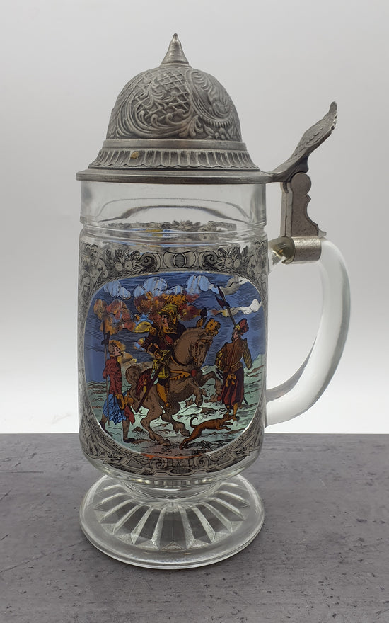 Bierkrug mit Deckel, Glaskrug Sammelkrug, Seidler für Sammler, BMF Zinn