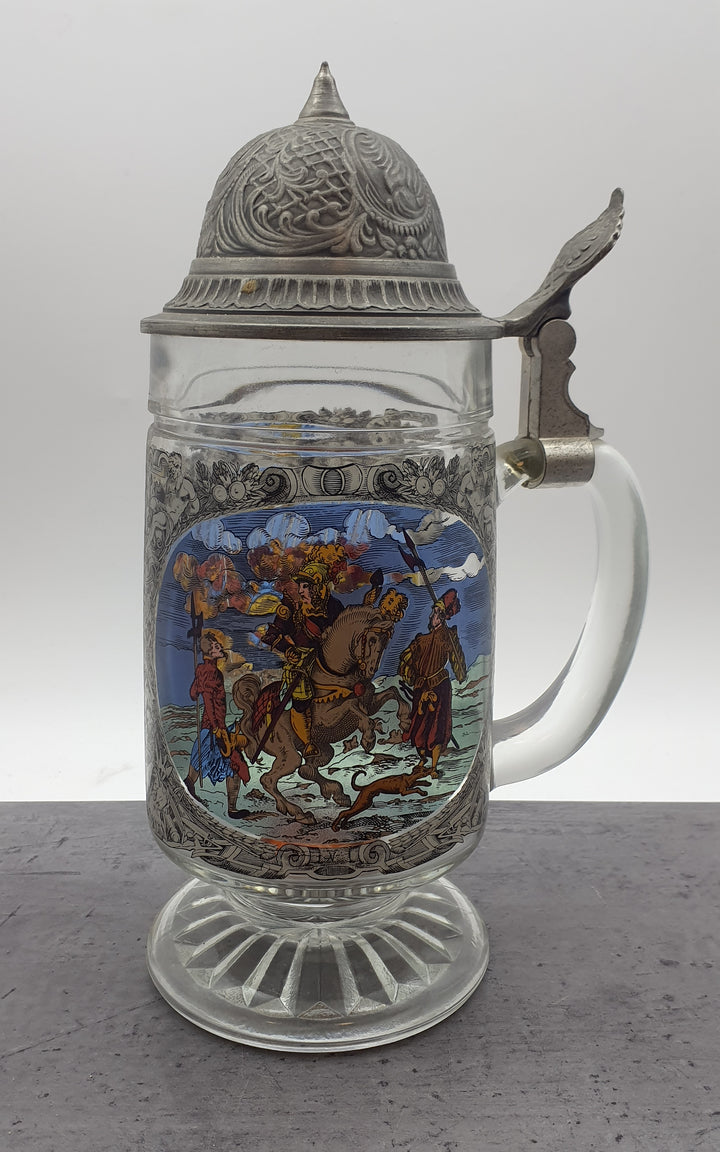 Bierkrug mit Deckel, Glaskrug Sammelkrug, Seidler für Sammler, BMF Zinn