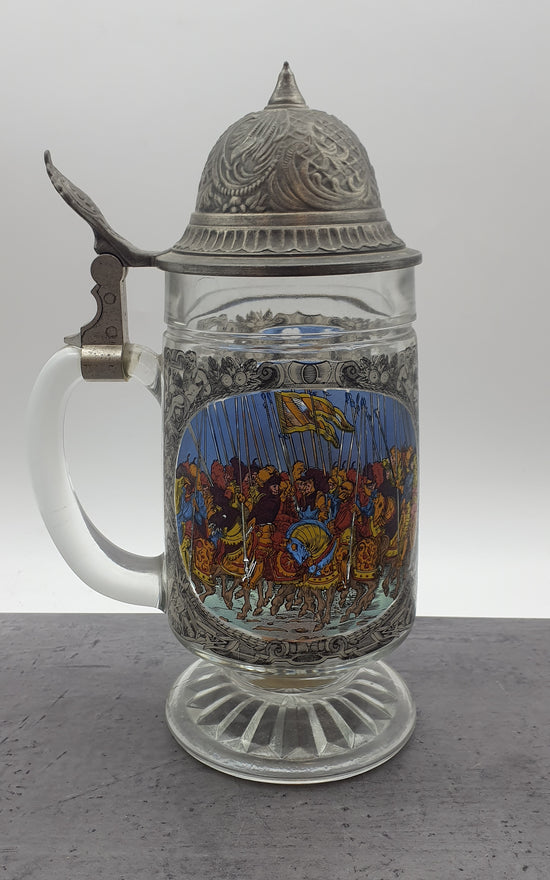 Bierkrug mit Deckel, Glaskrug Sammelkrug, Seidler für Sammler, BMF Zinn