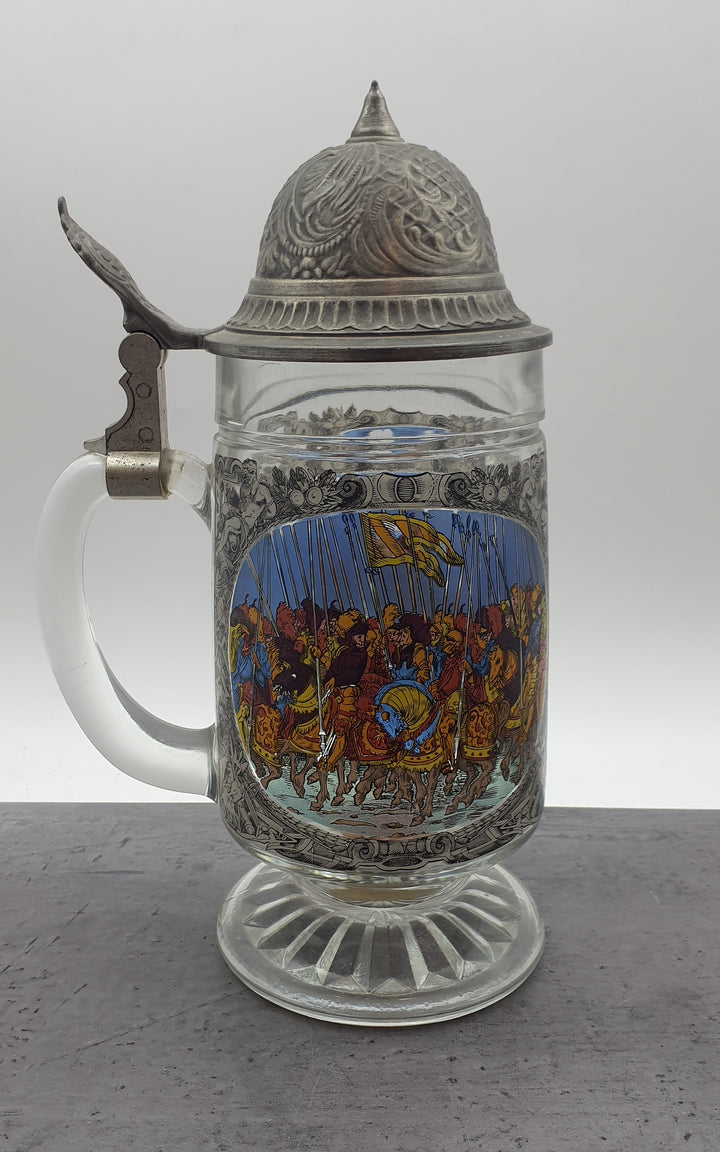 Bierkrug mit Deckel, Glaskrug Sammelkrug, Seidler für Sammler, BMF Zinn
