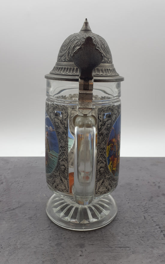 Bierkrug mit Deckel, Glaskrug Sammelkrug, Seidler für Sammler, BMF Zinn