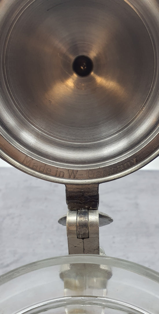 Bierkrug mit Deckel, Glaskrug Sammelkrug, Seidler für Sammler, BMF Zinn