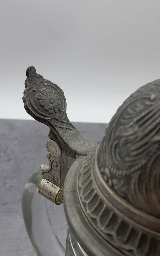 Bierkrug mit Deckel, Glaskrug Sammelkrug, Seidler für Sammler, BMF Zinn