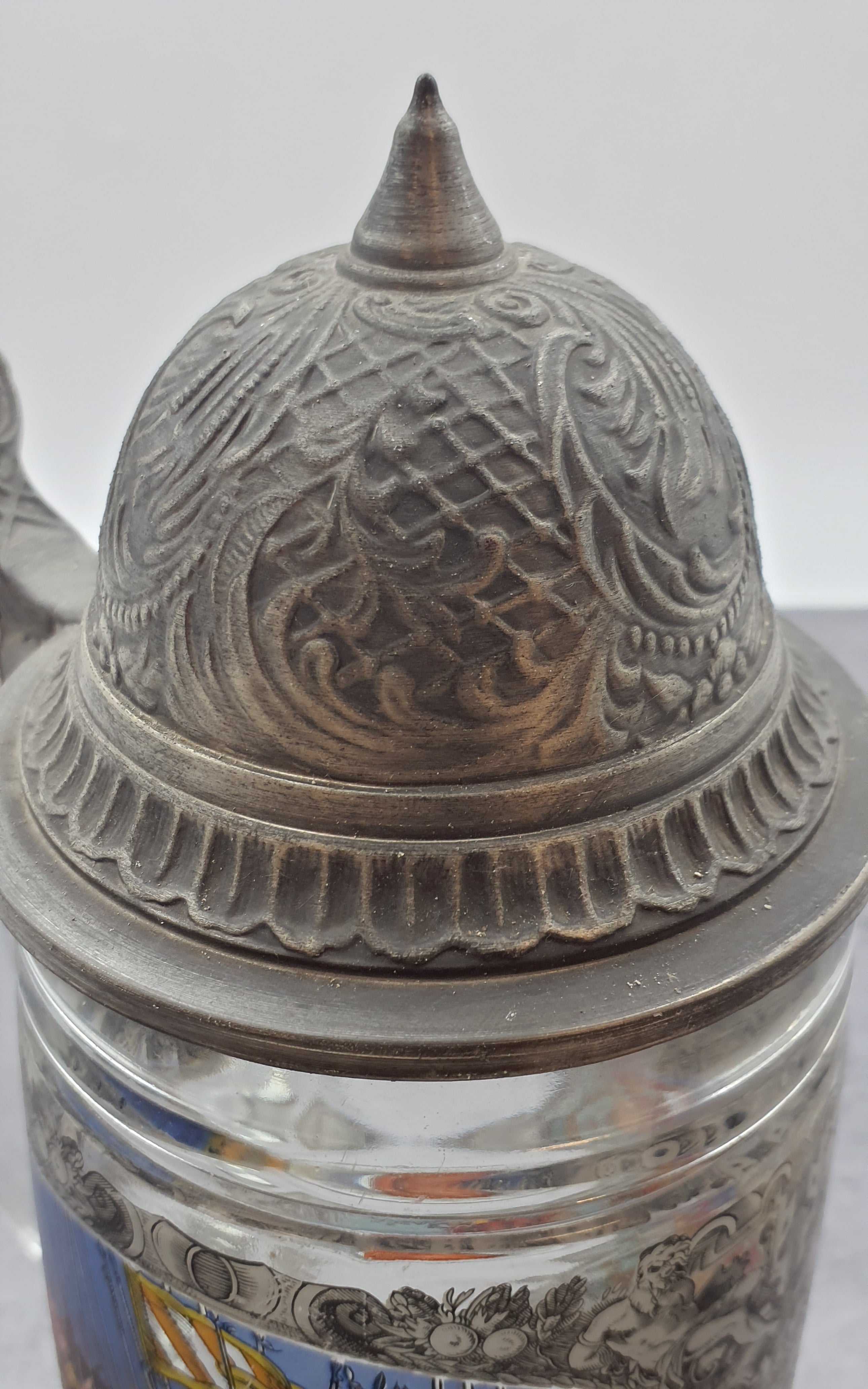 Bierkrug mit Deckel, Glaskrug Sammelkrug, Seidler für Sammler, BMF Zinn