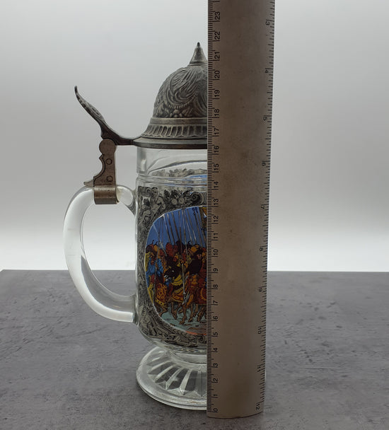 Bierkrug mit Deckel, Glaskrug Sammelkrug, Seidler für Sammler, BMF Zinn