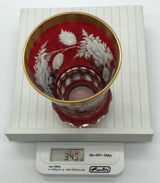 Dekorglas Bleikristall Glas/Vase Rot gefärbt mit Goldrand handgeschliffen, Lieckel
