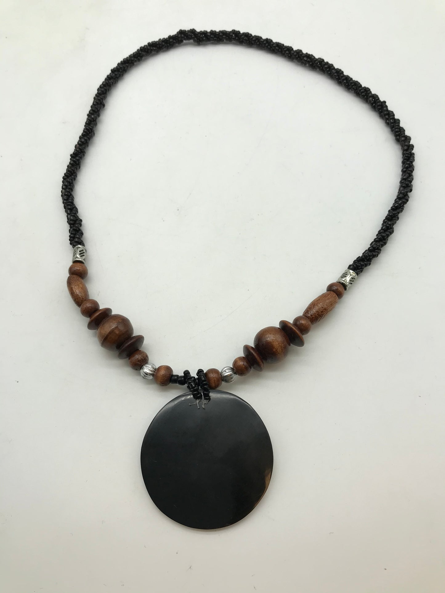 3 x Kette aus Holz,schwarz und weiß, Afrikanischer Look, runde Anhänger, Muschelmotiv