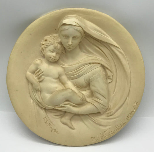 Madonna Profetica, Ital. Wand Teller, Reliefteller, Elfenbeinfarben, A. Santangela