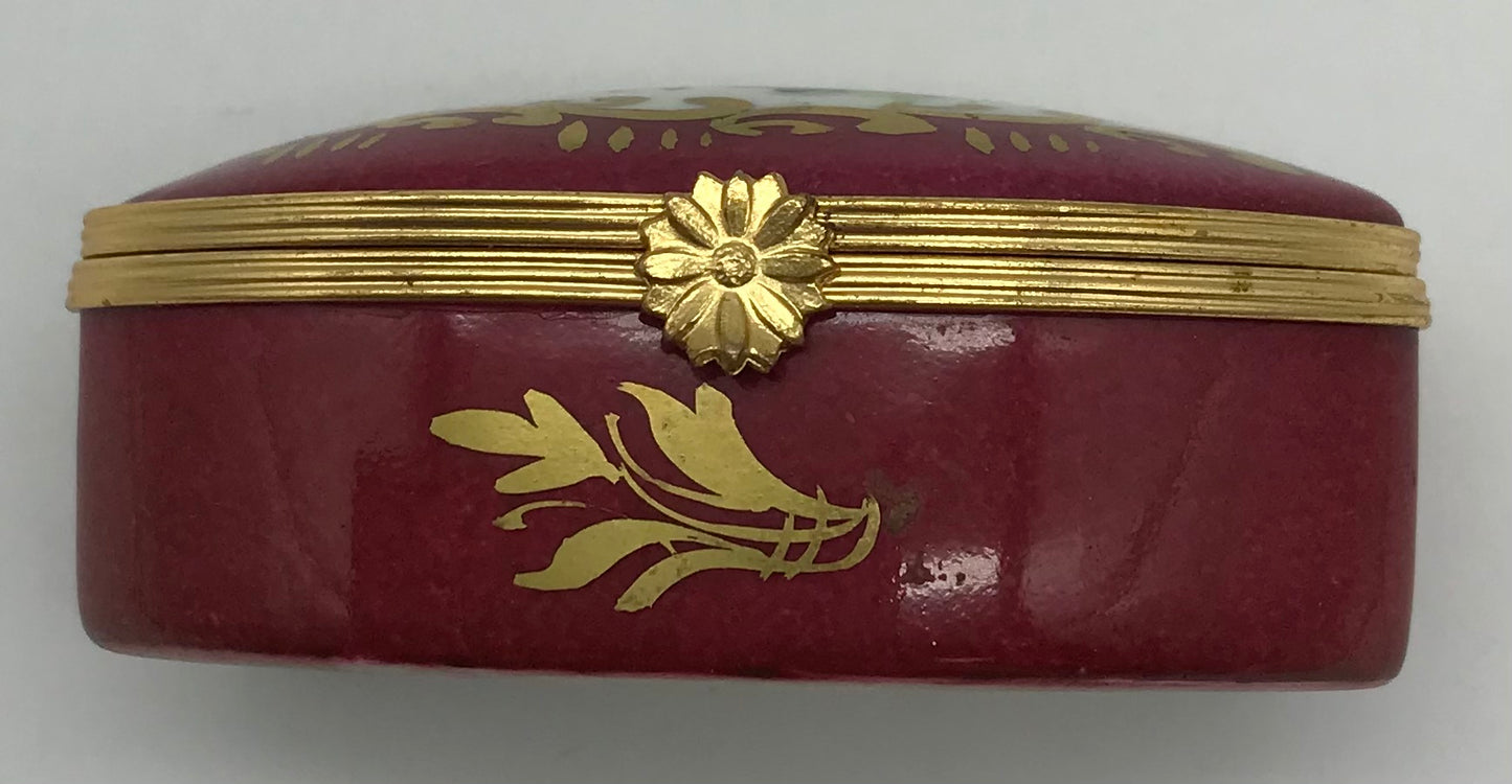 Limoges France Peint Main, Porzellan Pillendose, rot, Blumendecor