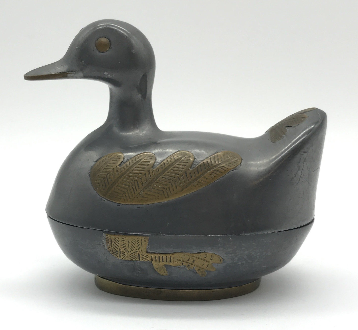 Ente Deckeldose Metall mit Messingbeschlägen, Schmuckdose